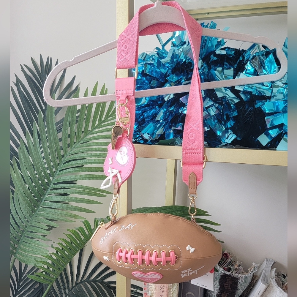 NWT Betsy Johnson Pink, White and Brown Game Day Football Crossbody Purse / Bag - Picture 2 of 8